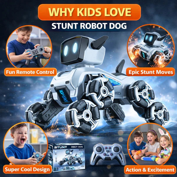 Remote-Controlled Acrobatic Robot Dog - كلب آلي بهلواني يُتحكم به عن بُعد - كلب رش يعمل بالتحكم عن بُعد مع نظام دفع ثماني العجلات