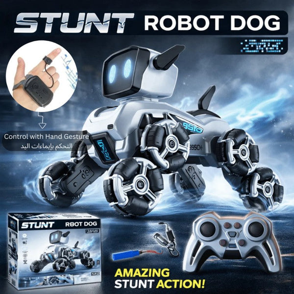 Remote-Controlled Acrobatic Robot Dog - كلب آلي بهلواني يُتحكم به عن بُعد وساعة - كلب رش يعمل بالتحكم عن بُعد مع نظام دفع ثماني العجلات