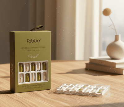 Febble - أظافر صناعية لامعة باللونين الأخضر الزيتوني والفضي