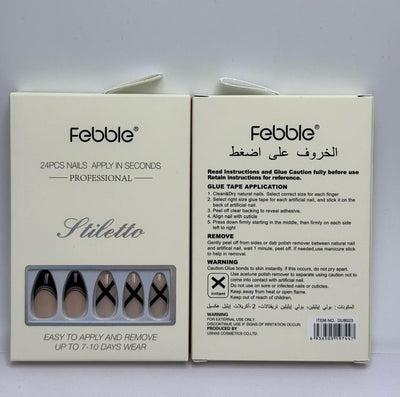 Febble - أظافر صناعية ستiletto Nude Black بتصميم متقاطع